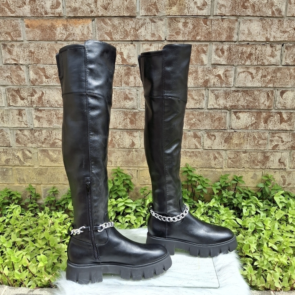 GBG Los Angeles Coen Thigh High With Chain Black Platform Boots Women Size 10 - Picture 6 of 16